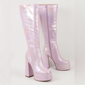 Iridescent Pink Platform Knee-High Boots